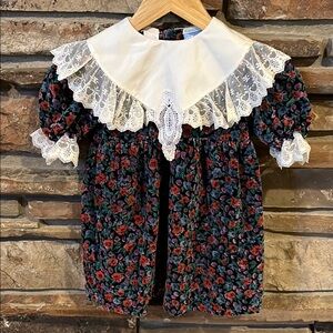 Vintage 90s Out of the Blue Velvet Floral Lace Collar Dess 100% Cotton